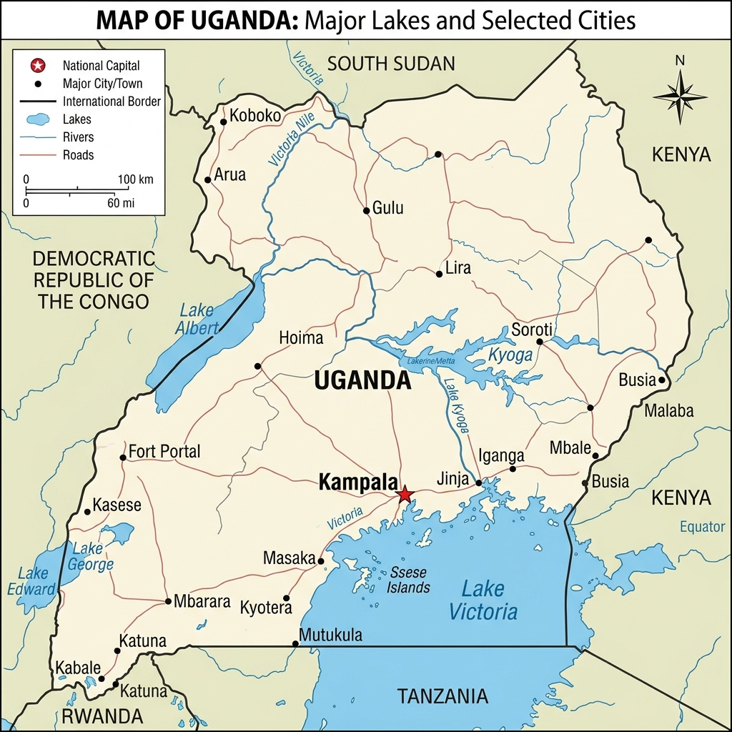 Map of Uganda showing TisCon programme sites — Kampala, regional centres and border posts